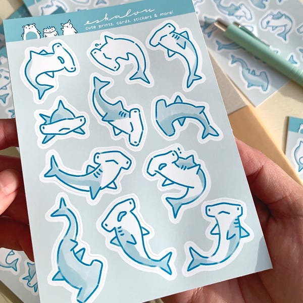 Foglio di adesivi ecologici a forma di squalo martello: adesivi kawaii per diario e planner