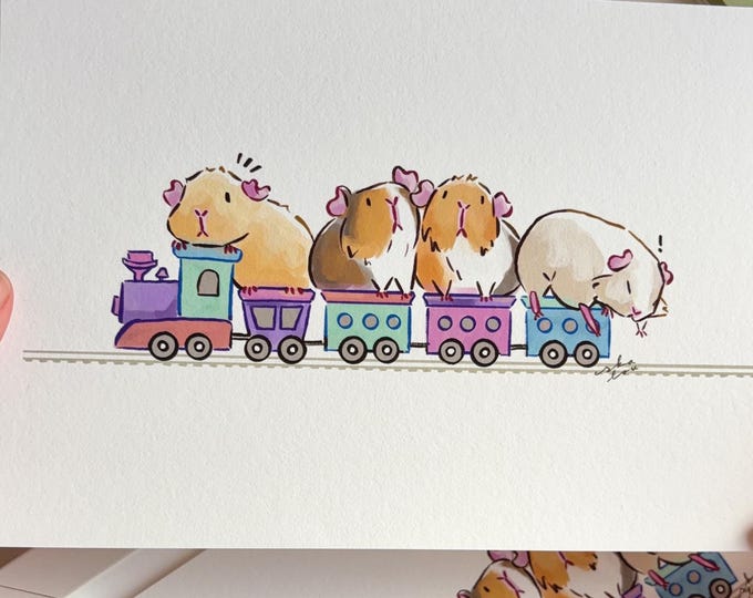 Guinea Pig Train Print – Piggy Cute Kawaii Animal Illustration (A5/A4)