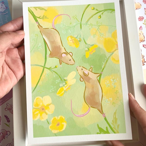 Kawaii Maus Illustration: Cottagecore Hanfpapier Illustration (A5/A4)