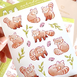 Milieuvriendelijk stickervel rode panda - schattige handgetekende pvc-vrije en recyclebare stickers | Kawaii dierenstickers voor tijdschriften, planners