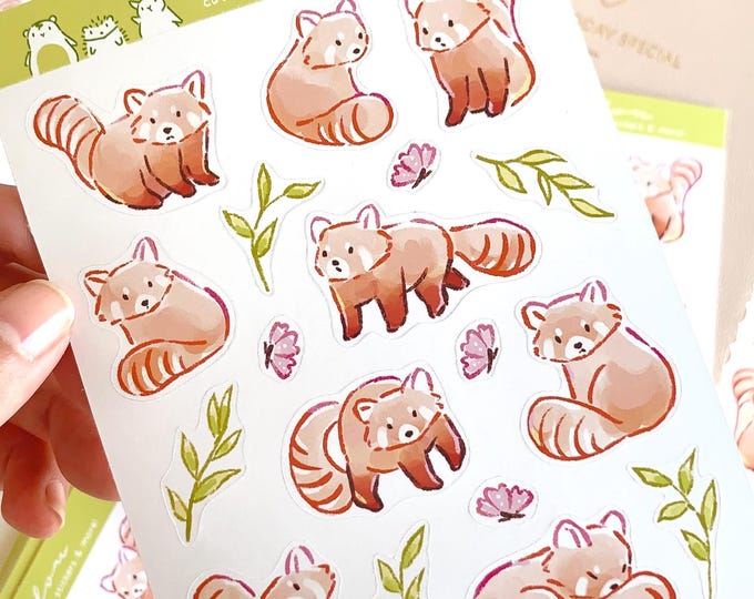 Featured listing image: Eco-Friendly Red Panda Sticker Sheet - Cute Hand Drawn PVC-Free & Recyclable Stickers | Kawaii Animal Stickers for Journals, Planners