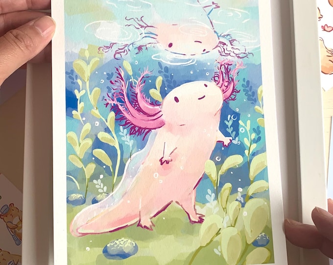 Kawaii Axolotl Art Print: Cottagecore Hemp Paper Illustration (A5/A4)