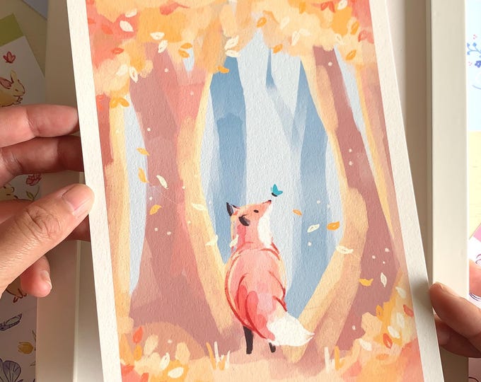 Kawaii Fox Autumn Art Print: Cottagecore Hemp Paper Illustration (A5/A4)