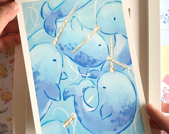 Kawaii Narwhal Print: Cottagecore Illustration on Hemp Paper (A5/A4)