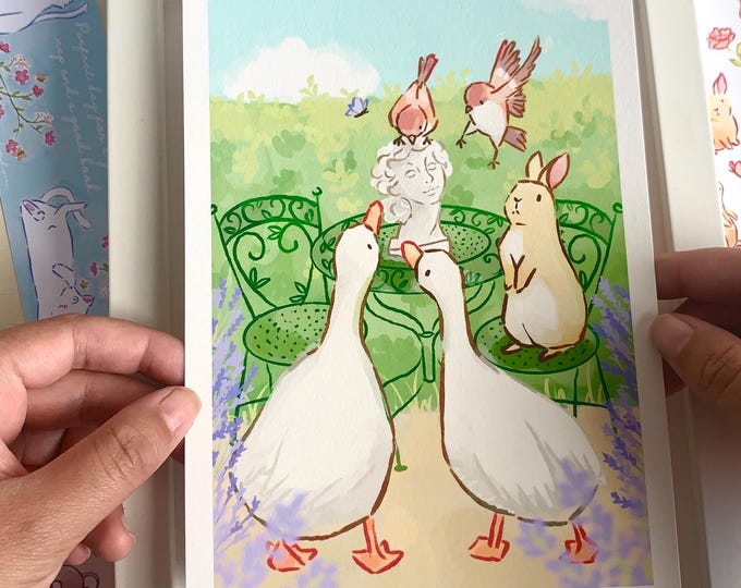 Kawaii Animal Art Print: Cottagecore Illustration on Hemp Paper