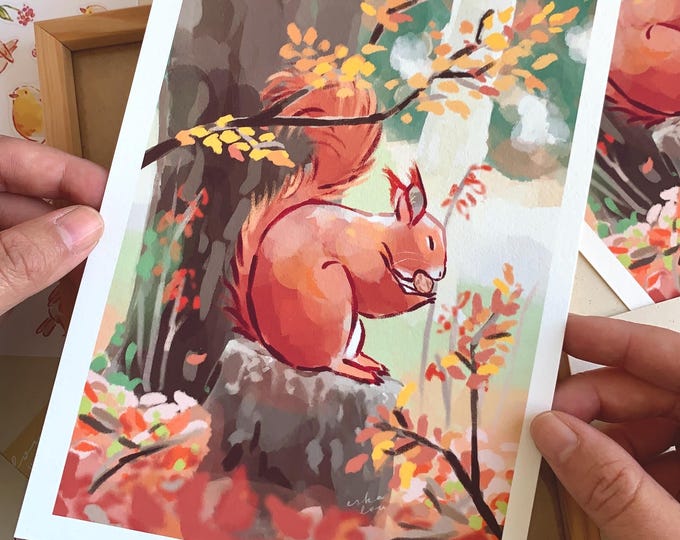 Featured listing image: Squirrel Painting Art Print: Eco-Friendly Hemp Paper Illustration
