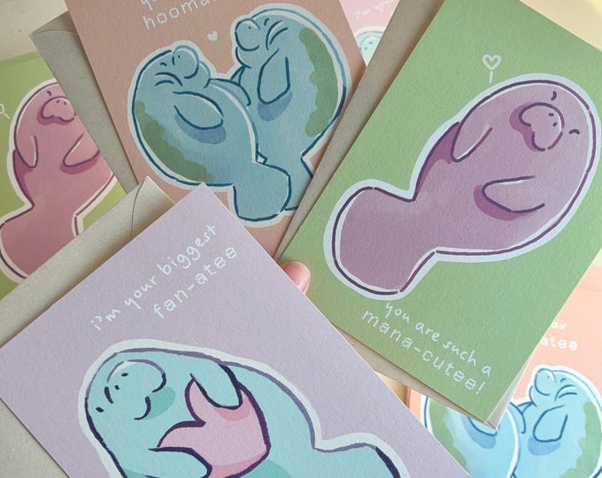 Manatee Love Postcards Set – Hand-Drawn Eco Stationery with Envelopes