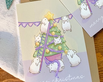 Jolie carte de Noël avec un lapin dans les arbres - Adorable voeux de Noël pour les Fêtes