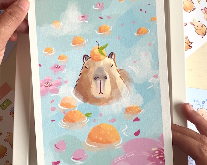 Capybara Art Print: Kawaii Animal Illustration on Hemp Paper