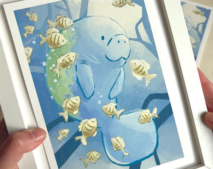 Manatee Art Print: Kawaii Eco Paper Illustration (A5/A4)