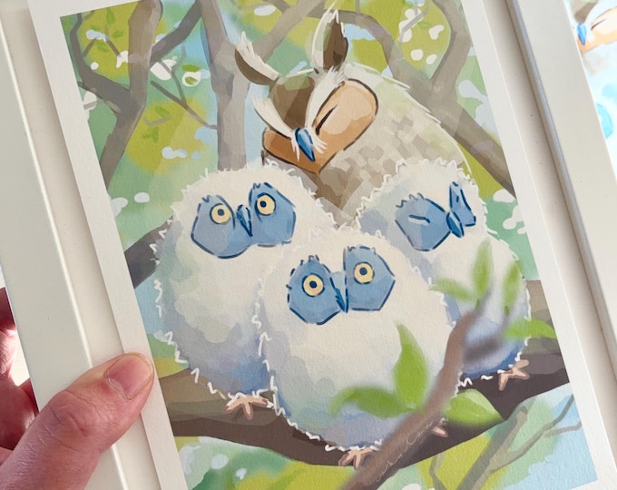 Long-eared Owl Print: Winter snow Hand Painted Illustration on Hemp Paper (A5/A4)