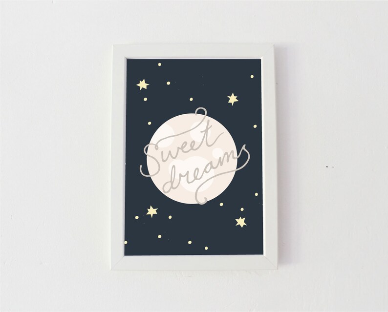 Cresent Cute Moon Sleeping Sweet Dreams Nursery Wall Decor Art Poster Print