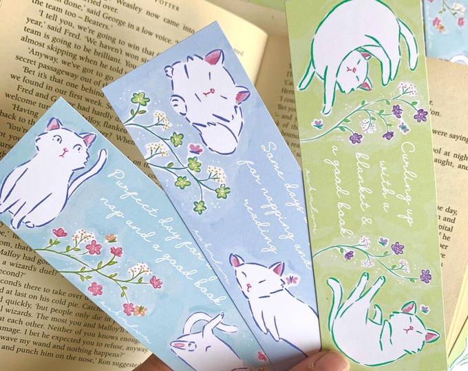 Featured listing image: Set of 3 Cat Bookmarks with Quotes – Cute Cat Illustration Bookmarks – 150x50mm – Gift for Readers, 300gsm Paper