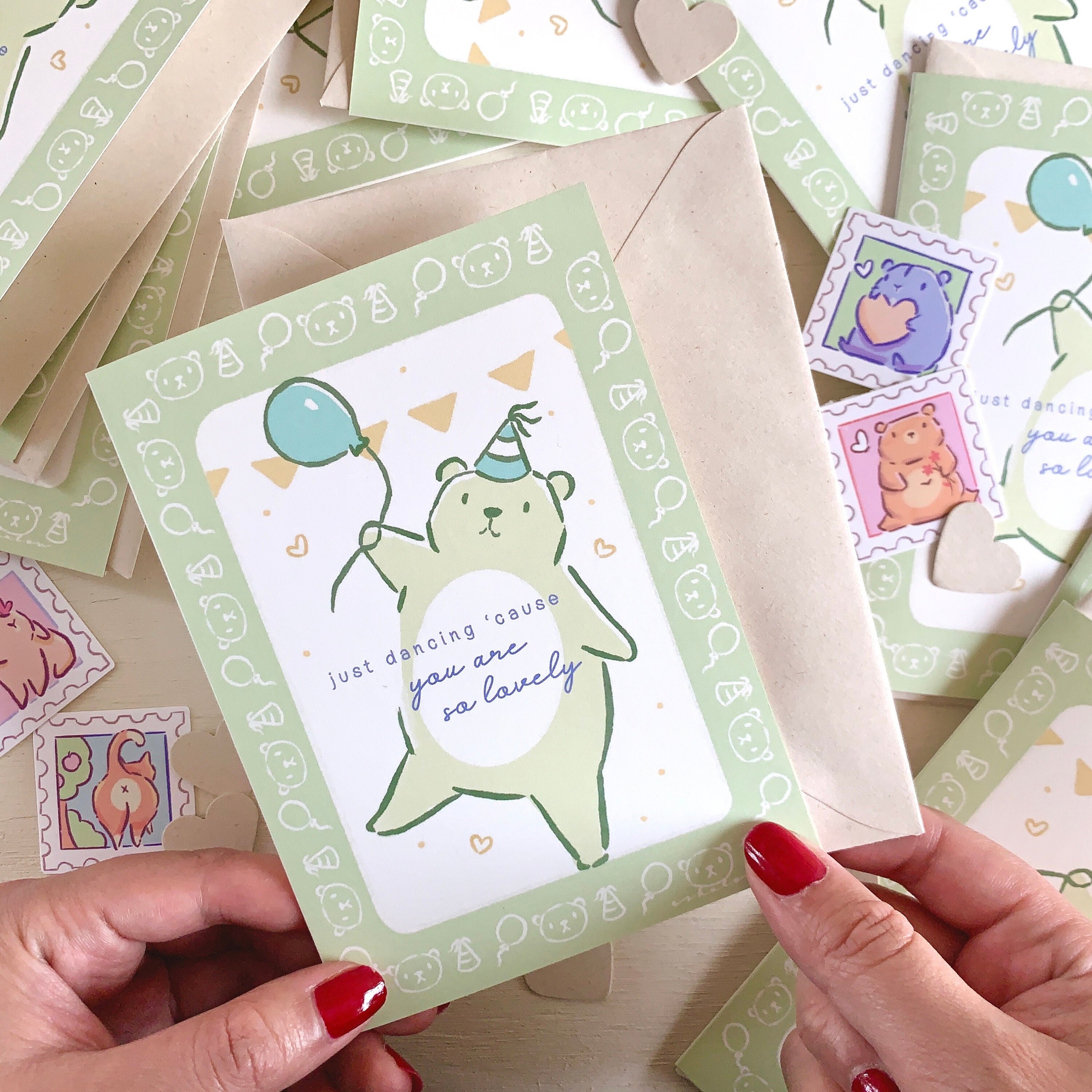 Adorable Kawaii Green Bear Birthday Greeting Card Mini Art Print - Cute and Fun Gift!