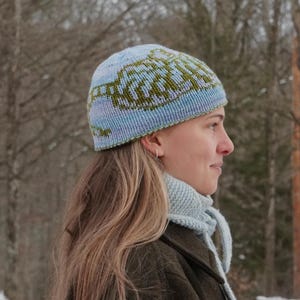 May include: A light blue knitted beanie with a green and blue pattern. The hat is worn with a matching light blue scarf and a dark green coat. The background is a blurred winter scene with trees.