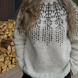 May include: A cream-colored, knitted sweater with a crew neck and long sleeves. The sweater features a repeating geometric pattern in dark brown across the upper chest and shoulders. The garment is made of a thick, textured yarn.