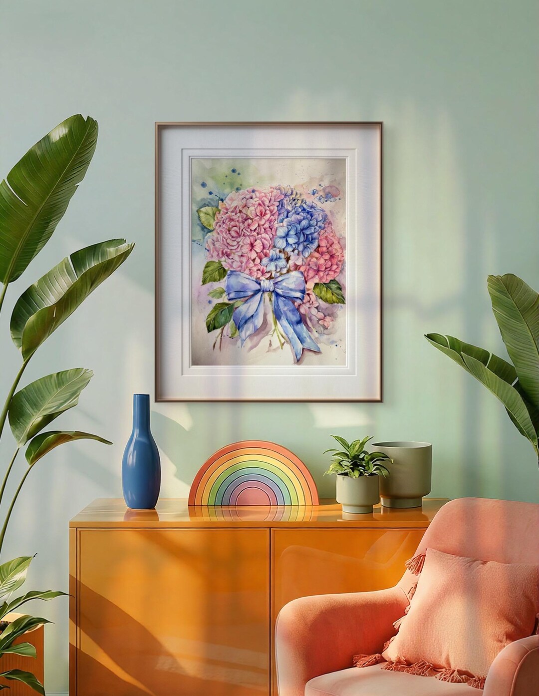 Original Hydrangea Watercolor Painting, Pink and Blue Floral Bouquet ...
