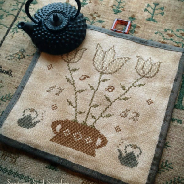 Tea Time Kettle Mat  ~ Sampler Pattern from Scattered Seed Samplers© 2017 by Designer Tammy Black