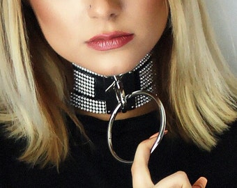 Leather and Rhinestone Large O Ring Collar Statement Necklace