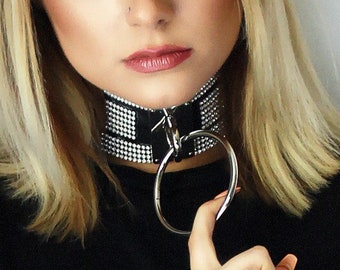 Leather and Rhinestone Large O Ring Collar Statement Necklace