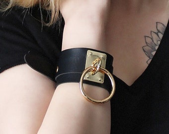 Vegan Leather Large O Ring Cuff Bracelet with Gold Hardware