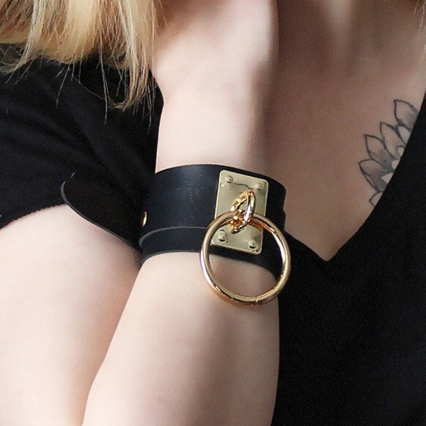 Vegan Leather Large O Ring Cuff Bracelet with Gold Hardware