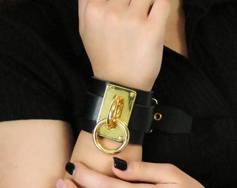 Black Leather Bracelet With Gold Hardware (Small Size)