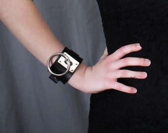 Vegan Leather Large O Ring Cuff Bracelet with Silver Hardware