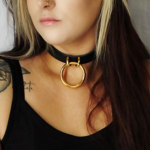 Small Black Leather Choker with Gold O-ring