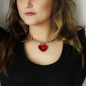 Ball Chain Necklace with Red Heart Pendant