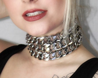 Three Strand Chunky Curb Chain Choker Necklace