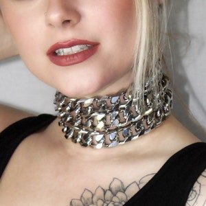 Three Strand Chunky Curb Chain Choker Necklace