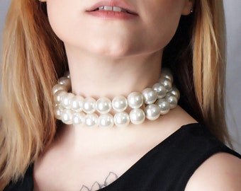 Beautiful Two Strand 16mm White Glass Pearl Choker Necklace