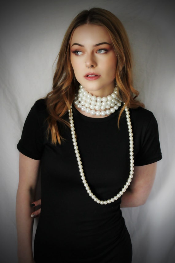 Collier Ras De Cou Torsadé - 3 Rangs Perles Nacrées & Onyx - Longueur 39 Cm - Occasion