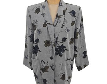 Kensington Square Blazer Women Large Grey Floral Lightweight Vintage 80s Career