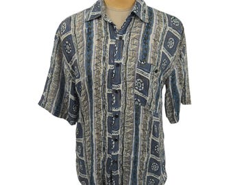 Bruno button-up overhemd heren medium blauwe zijde abstract geometrisch lichtgewicht casual