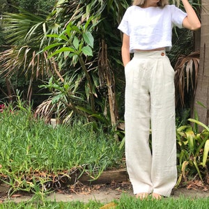 THE TAILORED TROUSER Cream Linen High Waisted Custom Fit Pleated Trouser  Vintage Style Wide Straight Leg Slow Fashion Minimal 