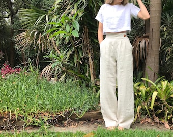 THE TAILORED TROUSER | Cream Linen High Waisted | Custom Fit | Pleated Trouser | Vintage Style | Wide Straight Leg | Slow Fashion | Minimal