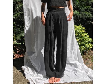 THE TAILORED TROUSER | Black Linen High Waisted | Custom Fit | Pleated Trouser | Vintage Style | Wide Straight Leg | Slow Fashion | Minimal