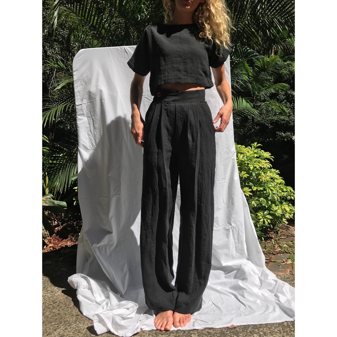 THE TAILORED TROUSER Black Linen High Waisted Custom Fit Pleated