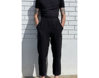 MEN'S TAILORED TROUSER | Black Linen High Waisted | Custom Fit | Pleated Trouser | Vintage Style | Tapered Leg | Slow Fashion | Minimal