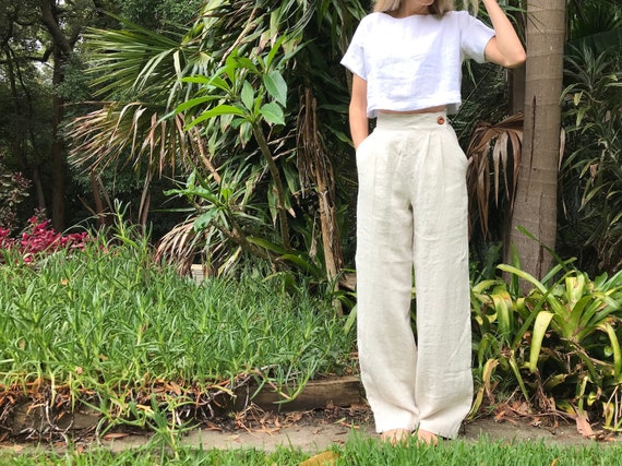 THE TAILORED TROUSER Cream Linen High Waisted Custom Fit Pleated