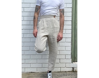 MEN'S TAILORED TROUSER | Cream Linen High Waisted | Custom Fit | Pleated Trouser | Vintage Style | Tapered Leg | Slow Fashion | Minimal