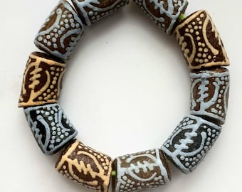 10 painted African recycled glass beads, Gye Nyame symbol