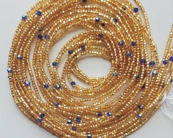 Gold and blue waist beads, tie on, strand 42-44 inches, 108-112 cm.