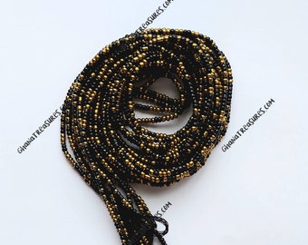 African waist beads, tie on, strand 42/44 inches, 108/112 cm. black and brass color