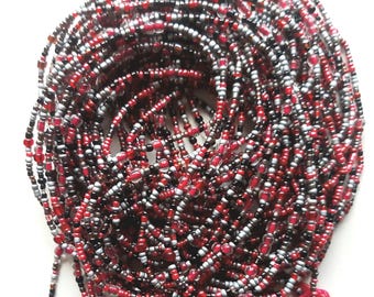 Gray, dark red and black waist beads, strand 42-44 inches, 108-112 cm.