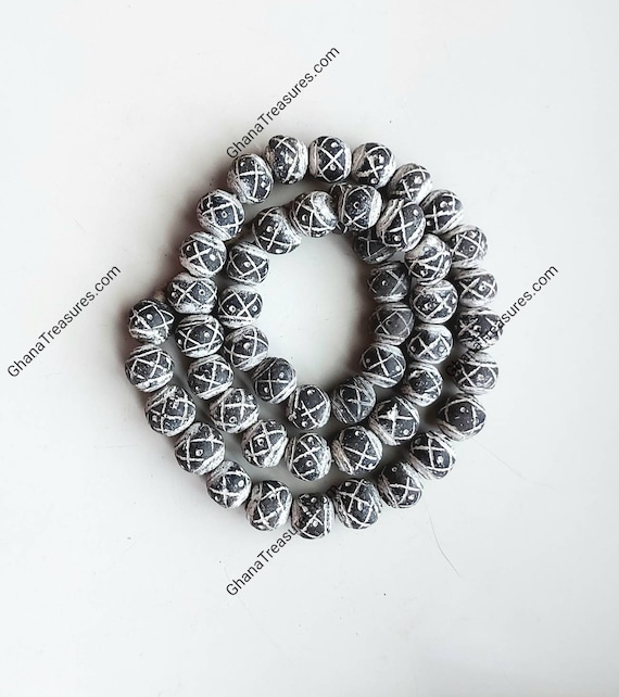 Full String, 50 African Black Clay Beads Handmade in Mali, 15-16  Mm.diameter X 15-16 Mm. 