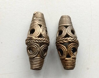 2 bi-cone brass beads/connectors, hand cast beads, 15 x 33-35 mm.