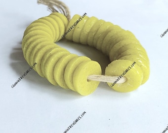 30 African recycled glass beads, powder glass beads, 15-16 x 5 mm. , lemon yellow